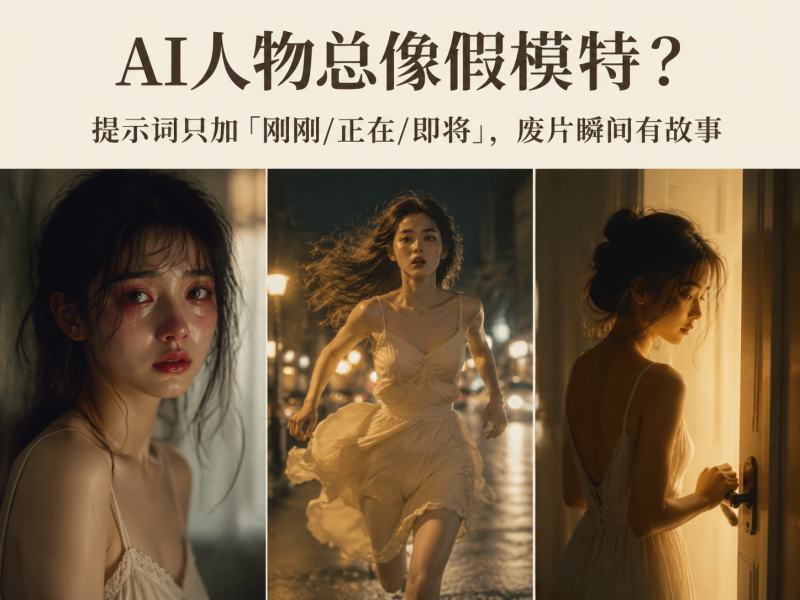 【十一】AI人物总像假模特？提示词只加「刚刚/正在/即将」，废片瞬间有故事-元界深掘